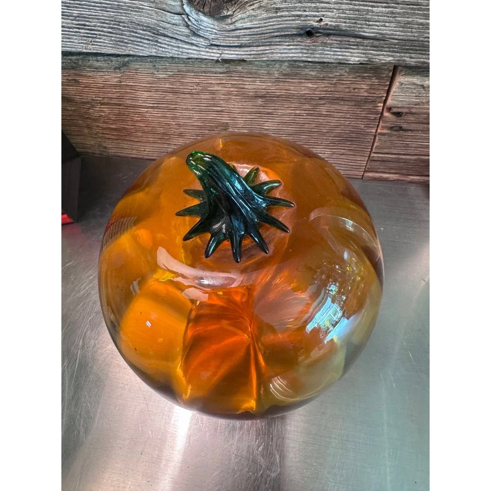 Vintage Blenko Art Glass Pumpkin Amber Topaz Green Stem Hand Blown Fall MCM